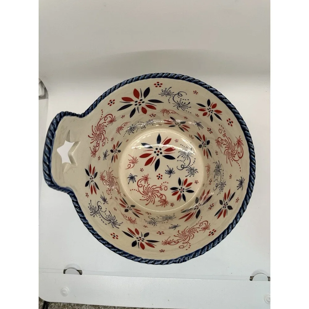 Temp-Tations 2 qt Mixing Bowl FIREWORK Patriotic Red White Blue July 4th Ceramic
